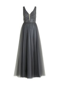 Langes, graues Abendkleid mit tiefem Ausschnitt, verziertem Oberteil mit Perlen und einem voluminösen Tüllrock.