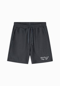 Zwemshorts voor heren in donkergrijs met een textuur van een geometrisch patroon. Voorzien van een elastische tailleband en een trekkoord, met een logo-detail in het wit.