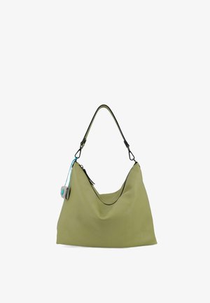 Borsa a tracolla in pelle verde chiaro con una maniglia, chiusura con zip e piccolo portachiavi grigio con bottone blu.