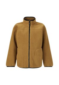 Brun fleecejacka med hög krage, hel dragkedja fram och kontrasterande svart trim. Har texturerad tyg och sidofickor.