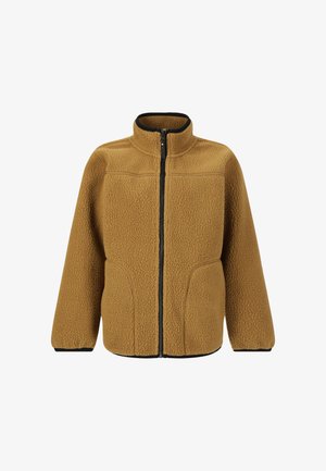 Ruskea fleece-takki korkealla kauluksella, täyspitkällä vetoketjulla ja kontrastivärisellä mustalla reunuksella. Takissa on teksturoitu kangas ja sivutaskut.