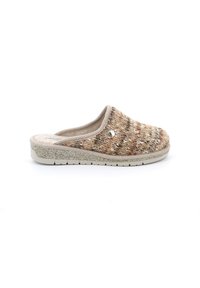 Scarpina in maglia marrone e beige con punta arrotondata, texture morbida, suola spessa con accenti variegati e un piccolo dettaglio decorativo metallico.