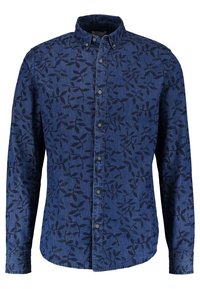 Pitkähihainen sininen farkkupaita, jossa tummanvärinen lehtikuvio, napillinen kaulus ja edessä napit, kaareva helma ja teksturoitu kangas.