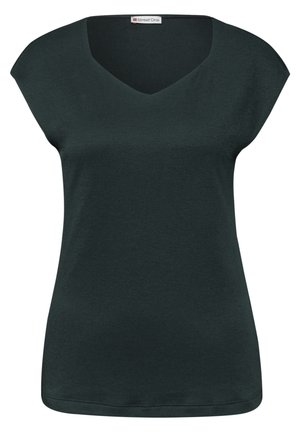 Tummanvihreä naisten lyhythihainen toppi V-pääntiellä ja rentolla istuvuudella, jossa on Street One -merkkinen etiketti kaula-aukossa.