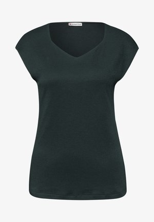 Top de mujer de manga corta en verde oscuro con cuello en V y corte holgado, con etiqueta de la marca Street One en el cuello.