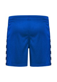 Blå sportshorts med en slät yta, med ett svart sidofält och vita detaljer. Designen är enkel och kortklippt.