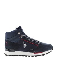 Sneaker alta navy in materiali scamosciati e tessili, con lacci grigi, suola intermedia bianca, suola esterna nera e dettaglio del logo sul lato.