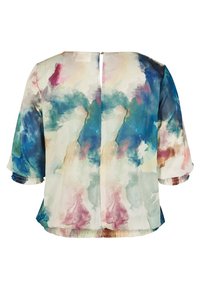 Blouse en chiffon multicolore avec un motif aquarelle en bleu, rose et vert, manches 3/4 et fermeture éclair au dos.