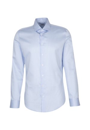 Lichtblauw gestreept overhemd met lange mouwen, button-down kraag, rechte zoom, met witte knopen en een fijn verticaal streep patroon. Katoenen stof.