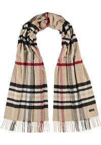 Écharpe en laine beige avec motif à carreaux noir, blanc, gris et rouge, extrémités à franges, et une petite étiquette de marque sur un côté.