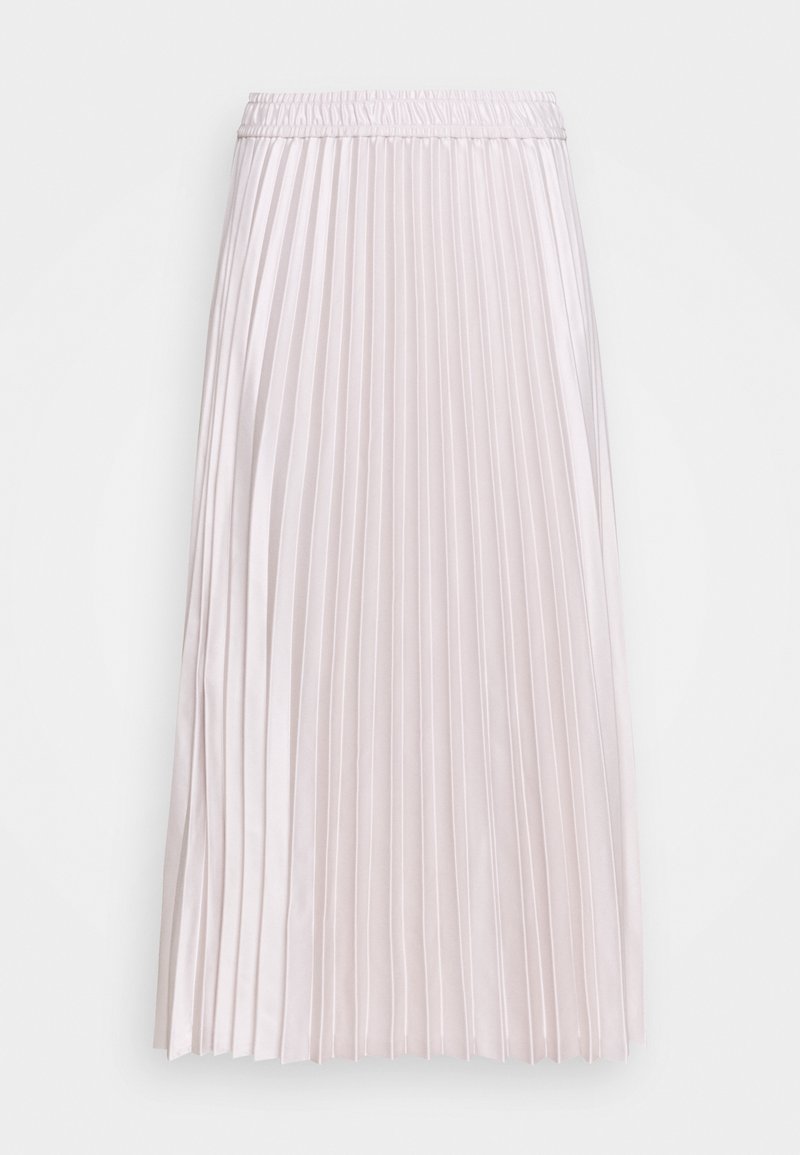 Světle růžová plisovaná midi sukně s elastickým páskem, vyrobená z hladkého, lesklého materiálu a s rovnoměrnými svislými záhyby po celé délce.