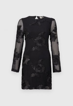 Fekete ruha hosszú áttetsző ujjal, bonyolult virágmintás hímzéssel, kerek nyakkivágással és kulcslyuk záródással a háton.