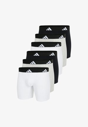 Pack med sex boxerbriefs med en svart midjeresår med vitt logotyp, inklusive vita, grå och svarta tyger i ett mjukt och stretchigt material.