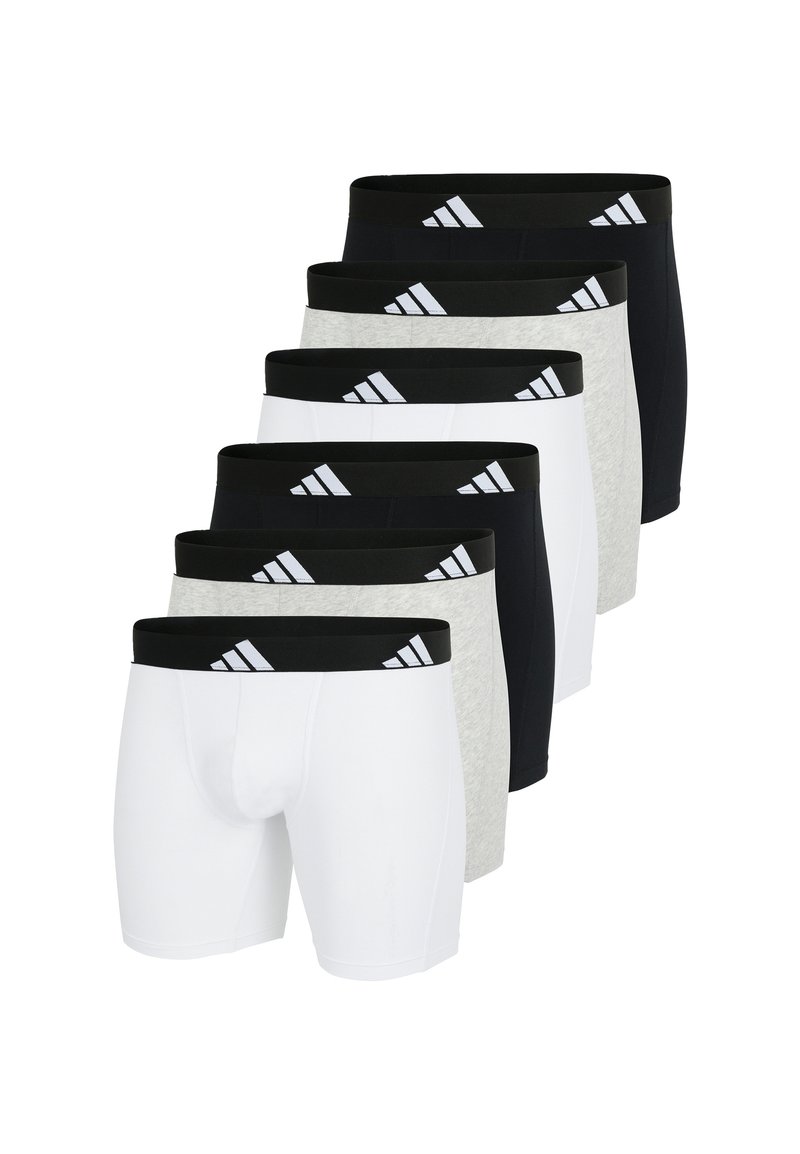Pack med sex boxerbriefs med en svart midjeresår med vitt logotyp, inklusive vita, grå och svarta tyger i ett mjukt och stretchigt material.