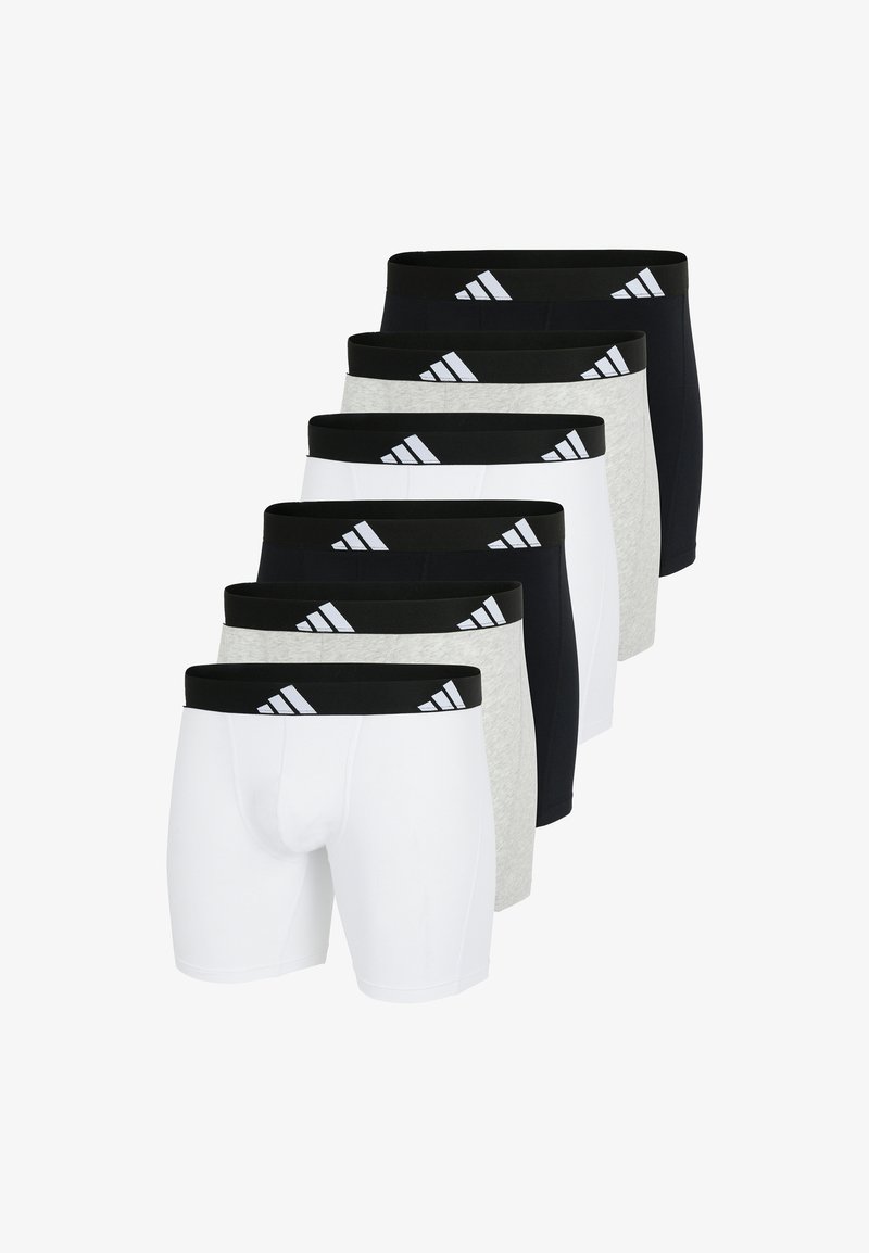 Pakka kuusi bokseria, joissa on musta vyötärö, jossa on valkoinen logo. Mukana valkoista, harmaata ja mustaa kangasta, joka on sileää ja joustavaa materiaalia.