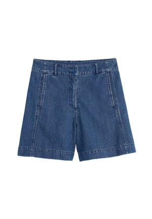 Denim shorts in dark blue, featuring a straight cut, two front pockets, wide waistband with two button closures, and minimal fading.