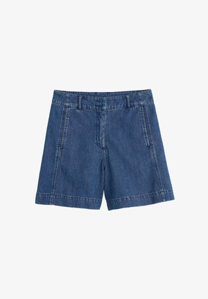 Tumši zilie džinsi šorti, ar taisnu griezumu, divām priekšējām kabatām, plašu jostasvītru ar divām pogu aizdaru, un minimālu izbalēšanu.