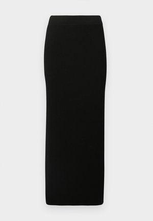 Schwarzer, gerippter Midirock mit einer figurbetonten Passform, elastischem Bund und glatter Textur, der eine gerade Silhouette aufweist und keine sichtbaren Verzierungen hat.