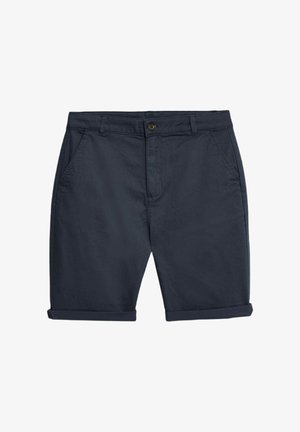 Marineblau Baumwollshorts mit Knopfverschluss, zwei Seitentaschen und umgeschlagenen Säumen. Glatte Textur und geradliniges Design.