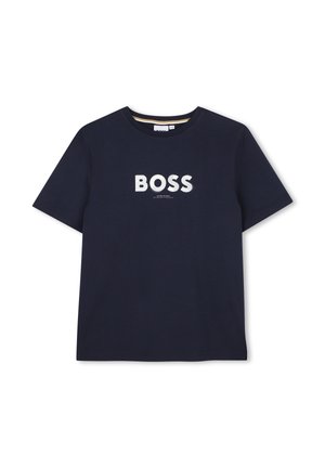 T-shirt bleu marine à manches courtes, col rond, avec le logo BOSS blanc centré sur le devant.