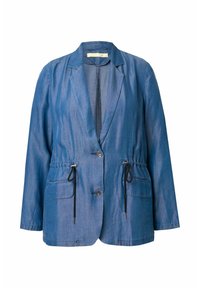 Jeansblazer i blått, med spetsig krage, dragsko i midjan, silverfärgade knappar och två framfickor med svarta snoddar.