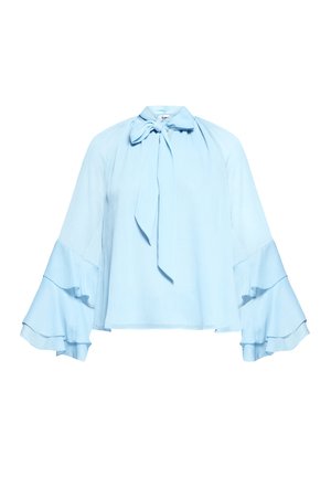 Lichtblauwe blouse van zachte stof, met een striksluiting bij de hals, lange mouwen met gerimpelde manchetten en een losse pasvorm.