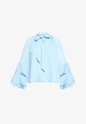 Lichtblauwe blouse van zachte stof, met een striksluiting bij de hals, lange mouwen met gerimpelde manchetten en een losse pasvorm.