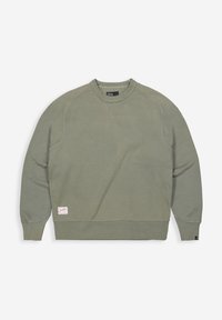 Groene sweatshirt met lange mouwen, geribde manchetten en tailleband. Voorzien van een ronde hals en een logo patch aan de onderzijde links. Zachte, gestructureerde stof.