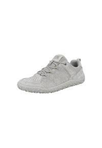 Light grey sneaker with a textured suede upper, mesh accents, lace-up closure, and a rugged rubber sole featuring a zigzag pattern.