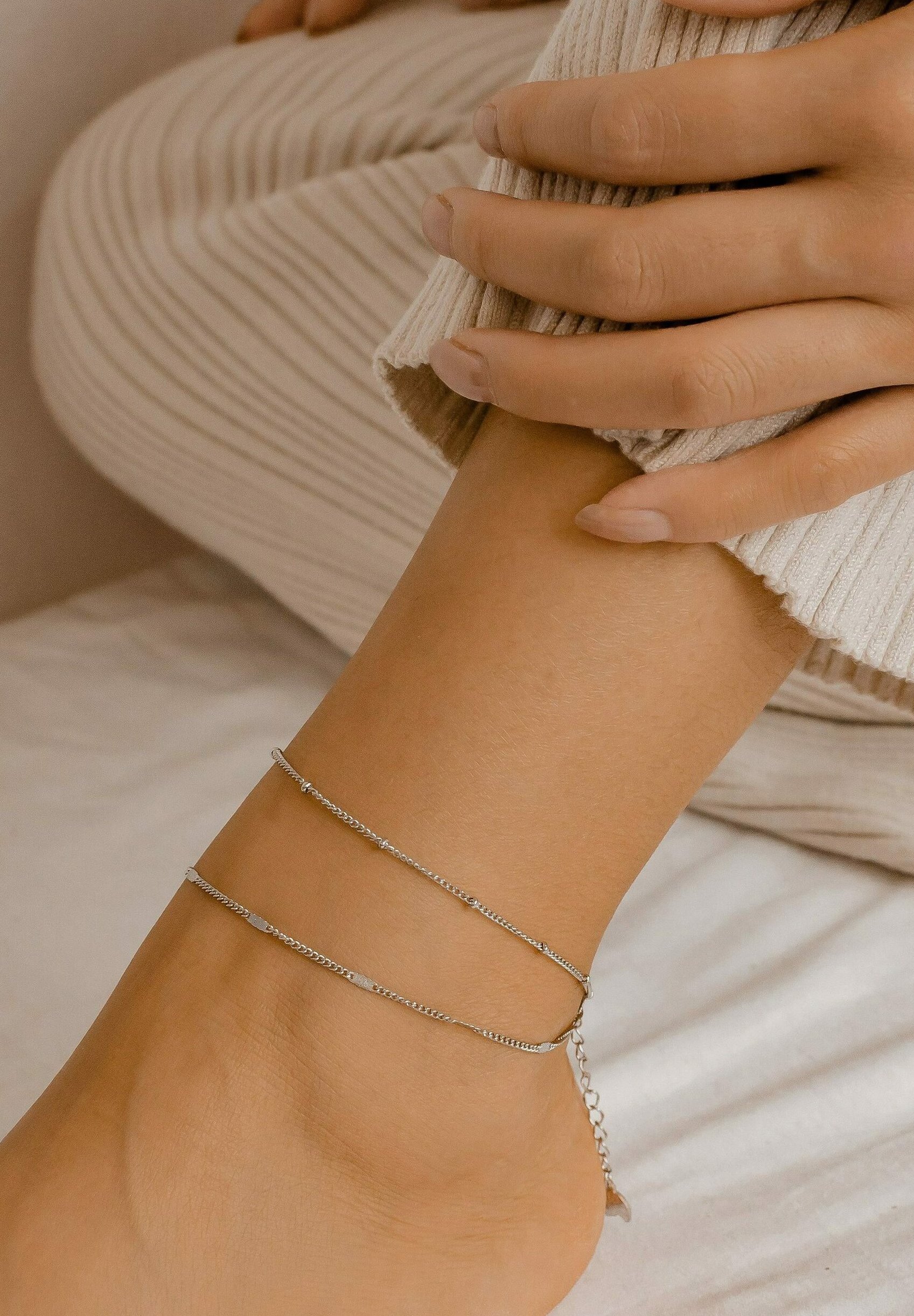 Chaîne De Cheville En Argent Sterling 925 Avec Perles Rondes – Style Rolo Texturé Et Poli