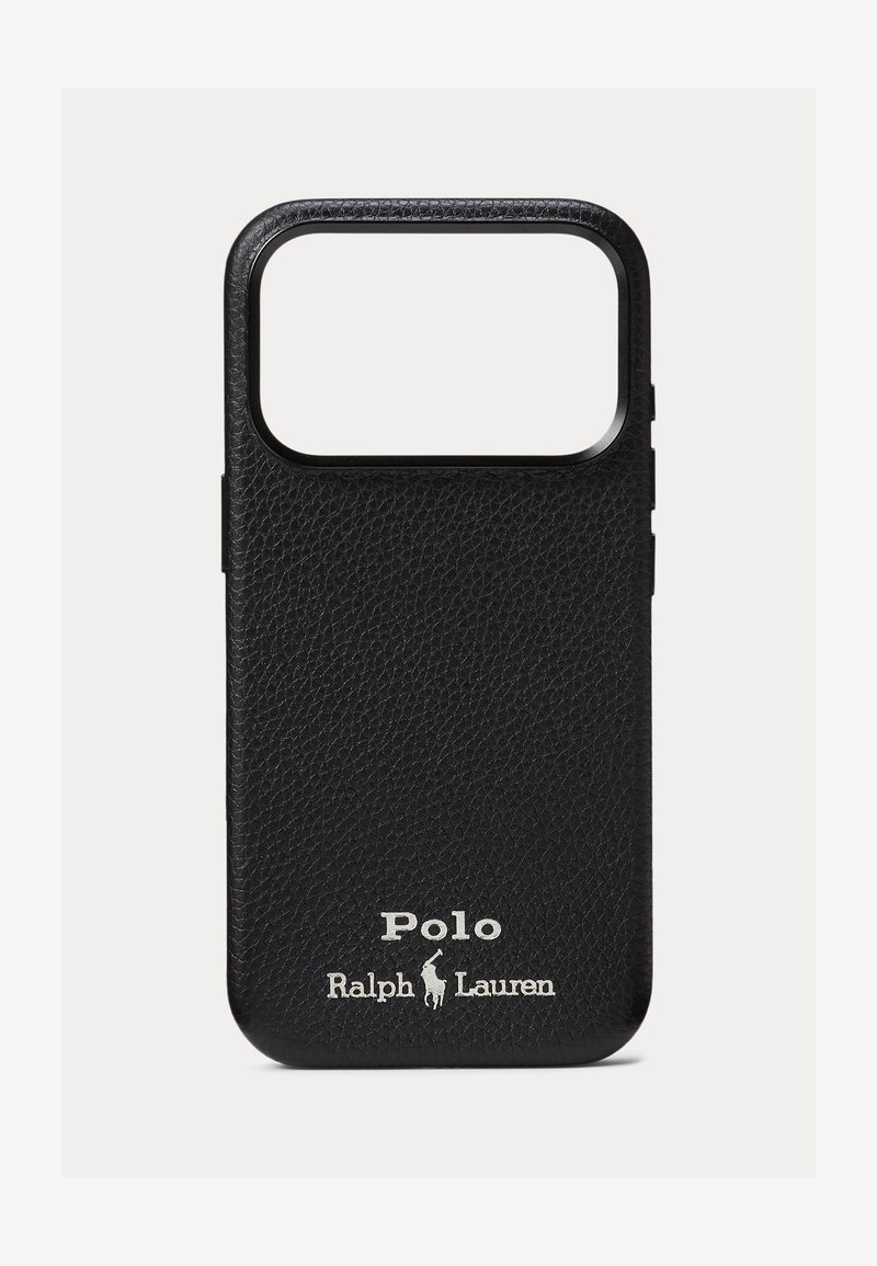 Fekete, texturált bőr okostelefon tok nagy kamerakivágással és fehér Polo Ralph Lauren logóval az alsó középső részen.