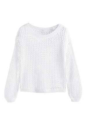 Fehér kötött hosszú ujjú pulóver nyitott mintával, bordázott kerek nyakkivágással, mandzsettával és szegéllyel, fehér háttéren megjelenítve.