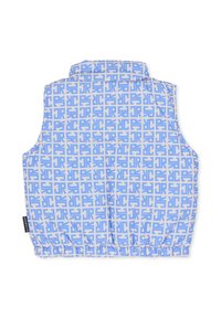 Niebiesko-biała kamizelka bez rękawów z geometrycznym wzorem liter. Materiał o fakturze, elastyczny dół i wysoki kołnierz.