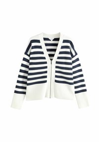 Cardigan a righe con scollatura a V e chiusura con zip. Realizzato in tessuto morbido, presenta righe orizzontali alternate blu navy e bianche e polsini a costine.
