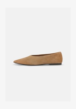 Tan suede flats with a pointed toe, low heel, and smooth texture. Simple design with no visible patterns or hardware details.