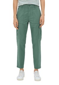Grüne Cargo-Hosen mit lockerer Passform, zwei Seitentaschen und flachem Bund. Aus leichtem Stoff, mit Knopfverschluss und gestickten Details.