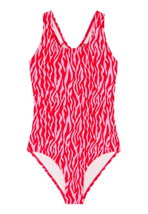 Rood-roze zebraprint badpak met brede schouderbanden en een ronde hals, weergegeven op een witte achtergrond.