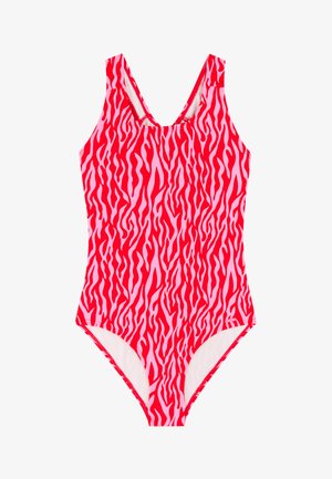 Bañador de una pieza con rayas de cebra en rojo y rosa, con tirantes anchos y escote redondeado, mostrado sobre fondo blanco.