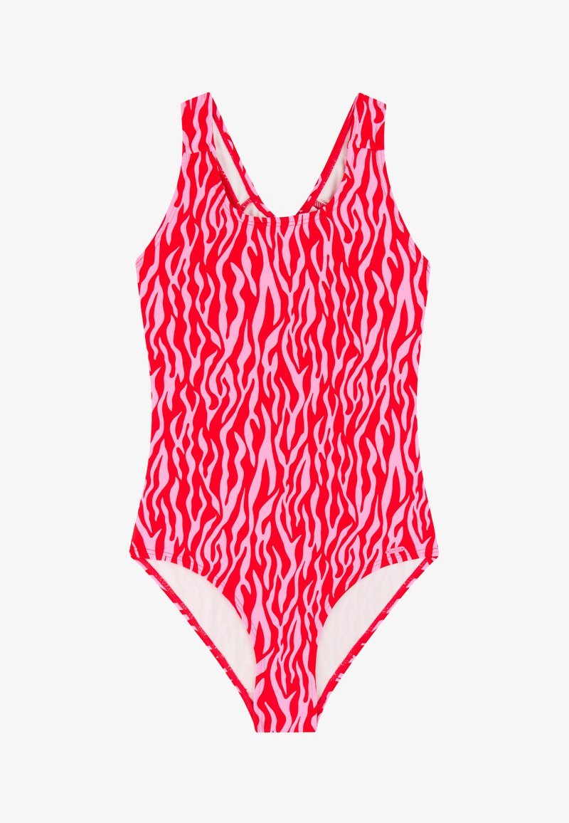 Roter und pink gestreifter Einteiler mit Zebramuster, breiten Schulterträgern und rundem Ausschnitt, dargestellt vor weißem Hintergrund.