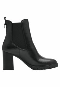Bottine noire en cuir avec talon carré, panneau latéral élastique, languette de traction et semelle à crampons.