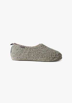 Cozy gray slipper made of textured plush fabric, with a soft interior lining, rounded toe, and a flexible rubber sole.