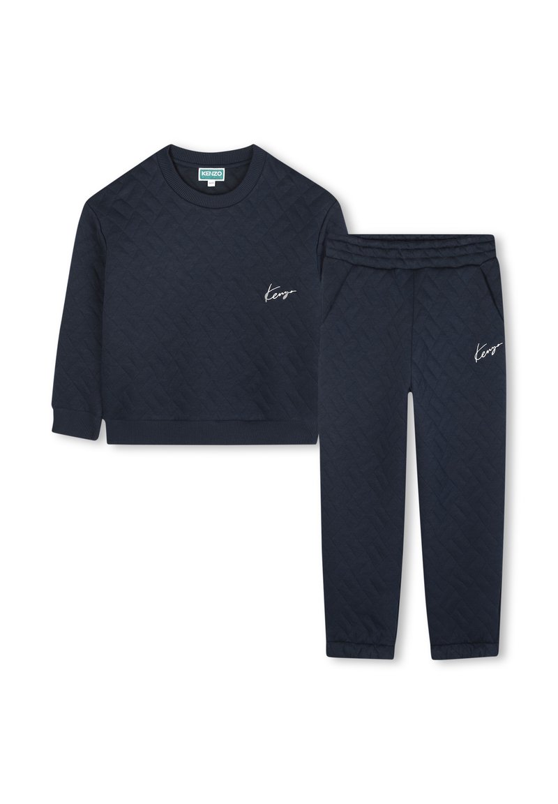 Marineblauwe gewatteerde sweatshirt met geribde halslijn en bijpassende broek met elastische tailleband, zijzakken en logoaccent.