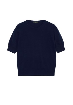 Marineblauw korte mouw gebreide trui met ronde hals en geribbelde manchetten en zoom, gelabeld "Repeat Cashmere."