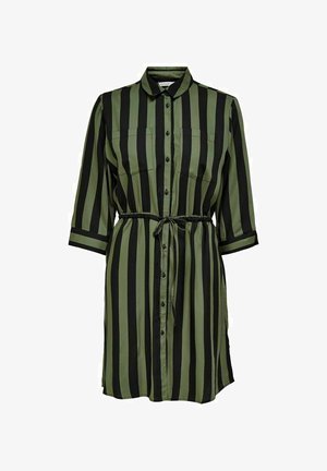 Overhemdjurk met knopen in donker groen en zwarte verticale strepen, met lange mouwen, twee borstzakken en een getailleerd detail in de taille.
