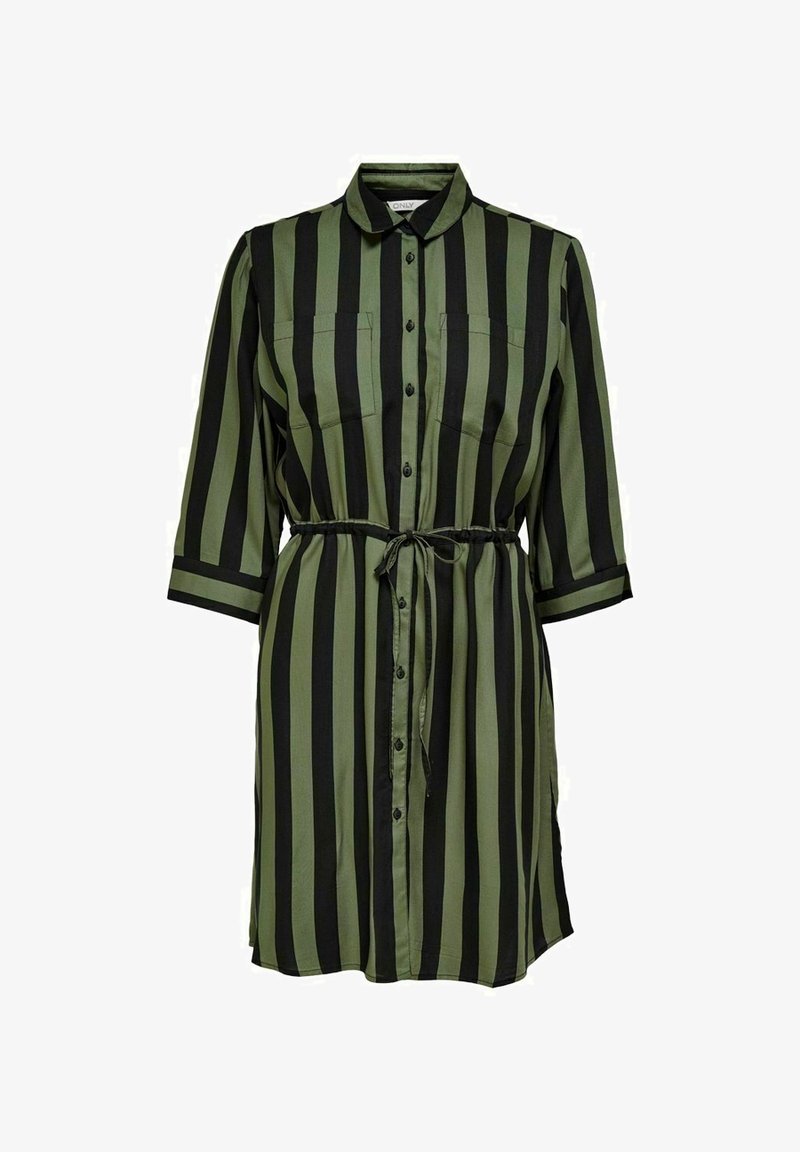 Robe-chemise boutonnée avec rayures verticales vert foncé et noir, manches longues, deux poches poitrine et détail de taille cintrée.