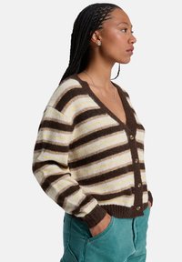 Gestreepte cardigan in bruin, crème en geel, met een V-hals, knopen aan de voorkant en geribde manchetten, gemaakt van zacht textuurmateriaal.