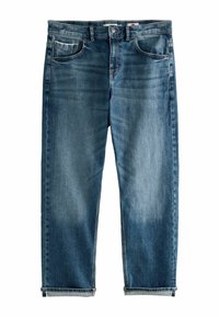 Ljusblå denimjeans med rak passform, fem-ficksdesign, uppvikta benslut och subtil blekning över tyget.