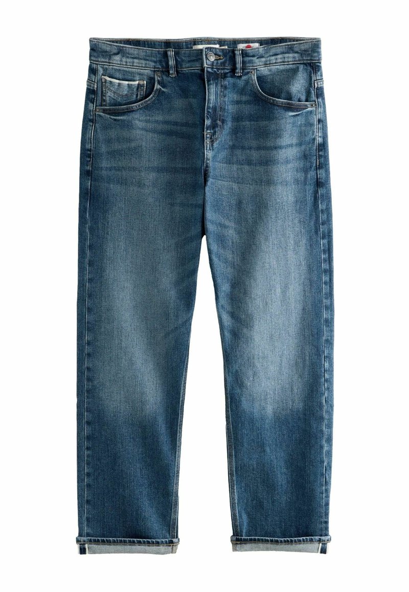 Ljusblå denimjeans med rak passform, fem-ficksdesign, uppvikta benslut och subtil blekning över tyget.