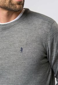 Mies, joka pukeutunut harmaaseen neulepaitaan, jossa pieni tummansininen kirjailtu logo rinnassa, ja valkoinen aluspaita näkyvissä kaula-aukosta.