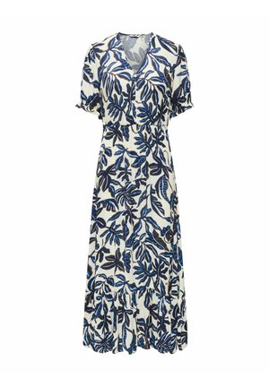 Fehér midi ruha kék és fekete levélmintával, rövid ujjú, V-nyakú, húzott szegéllyel, gombos elől.